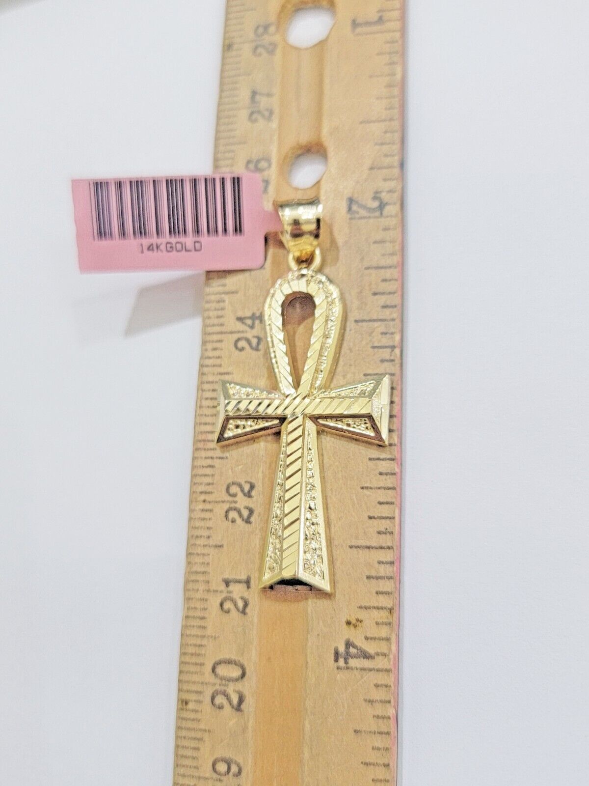 Real 14k Yellow Gold Ankh charm pendant 1.75 Inch Diamond Cuts Charm for Chains