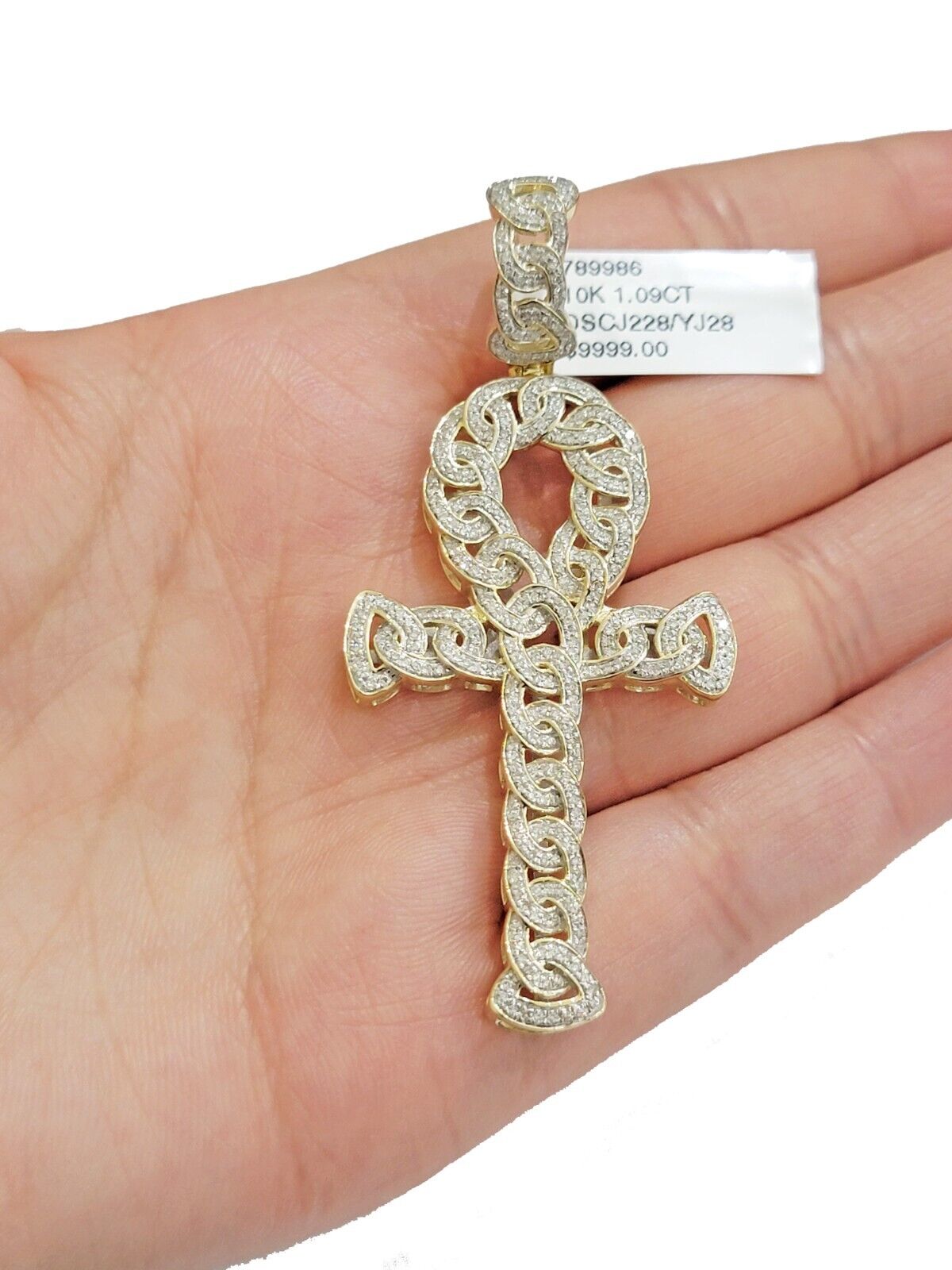 Real 10k Yellow Gold Diamond Ankh Cross Charm Pendant 1.08 CT Mens 2.5Inch