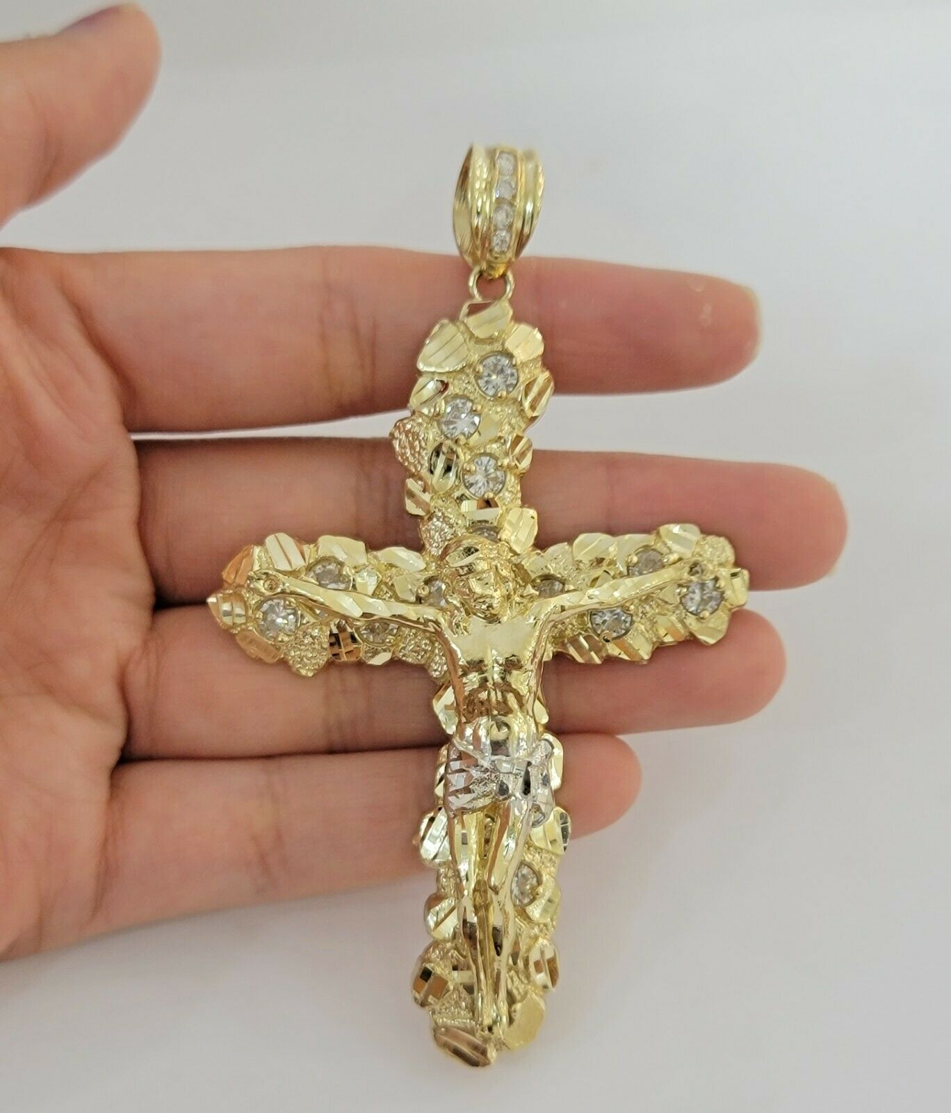 14k Yellow Gold Cross Nugget Jesus Crucifix Pendant 3.5 Inch 14kt Gold Mens REAL