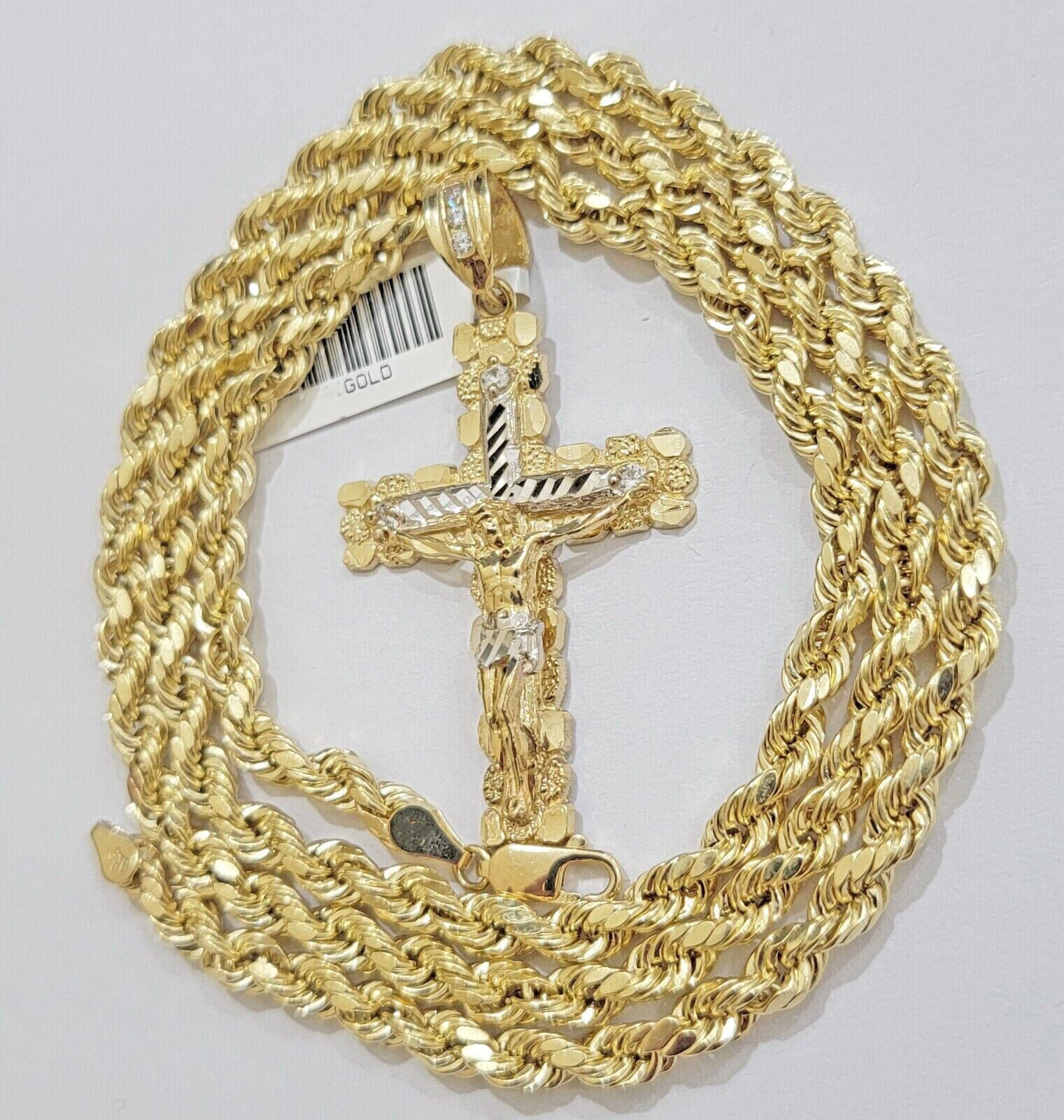 Real 10k Gold Rope Chain 20 inch Jesus Cross Charm Pendant Set 5mm Necklace Mens