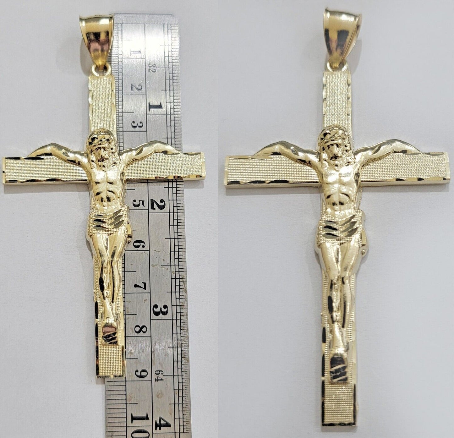 Real 10k Yellow Gold Cross Charm Pendant Jesus Crucifix 3.5" Inch 10KT For Chain