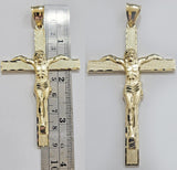 Real 10k Yellow Gold Cross Charm Pendant Jesus Crucifix 3.5" Inch 10KT For Chain