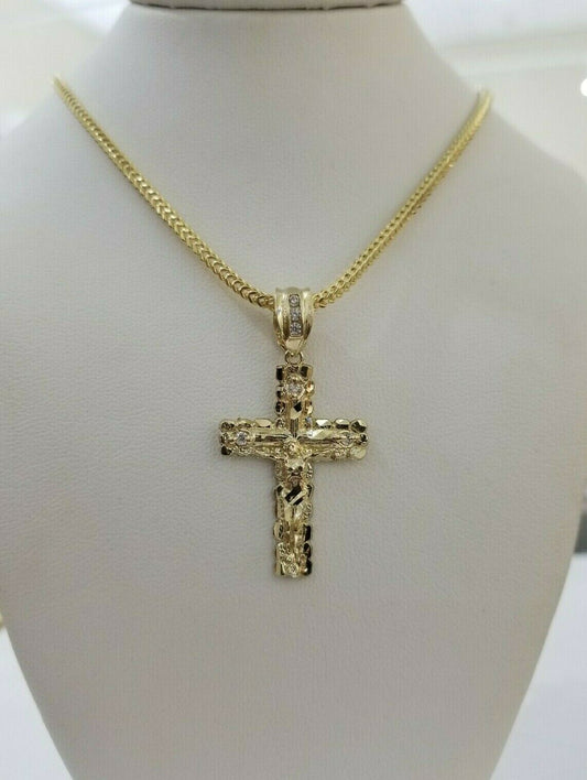 REAL 10k Yellow Gold Franco Chain & Cross Charm Pendant Set 16"-26" 2mm Necklace