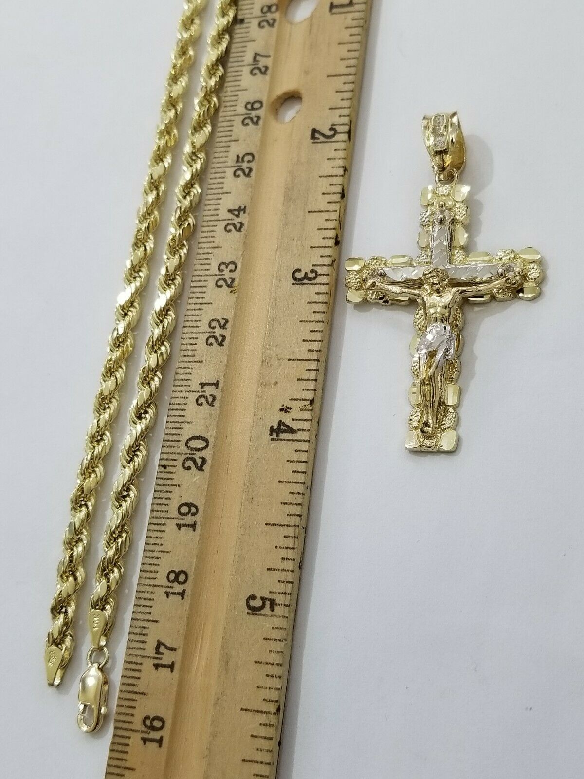 10k Yellow Gold Rope Chain With Cross Charm Pendant Set REAL 10KT 4mm Necklace