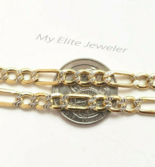 Women's Men's Diamond Cut Figaro Link Bracelet 10K Yellow Gold 5mm 9 Inch Long