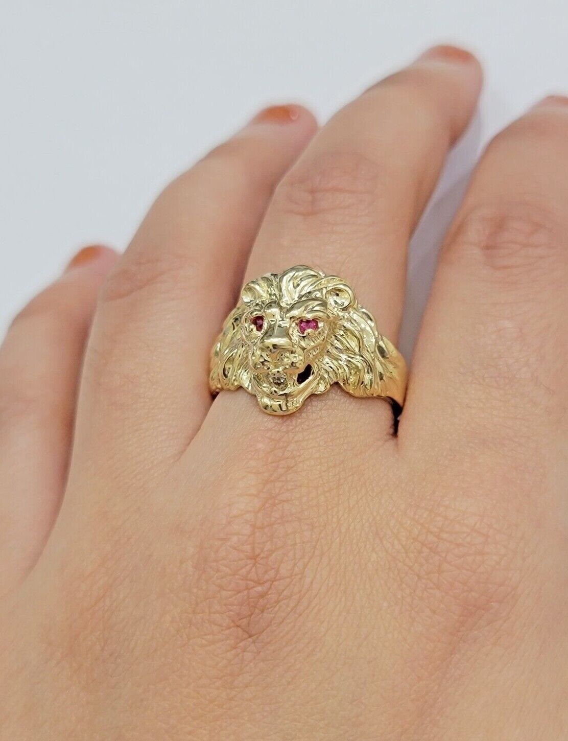 10k Solid Yellow Gold Men's Lion Roaring Ring Casual Style 10kt Red Eye New SALE