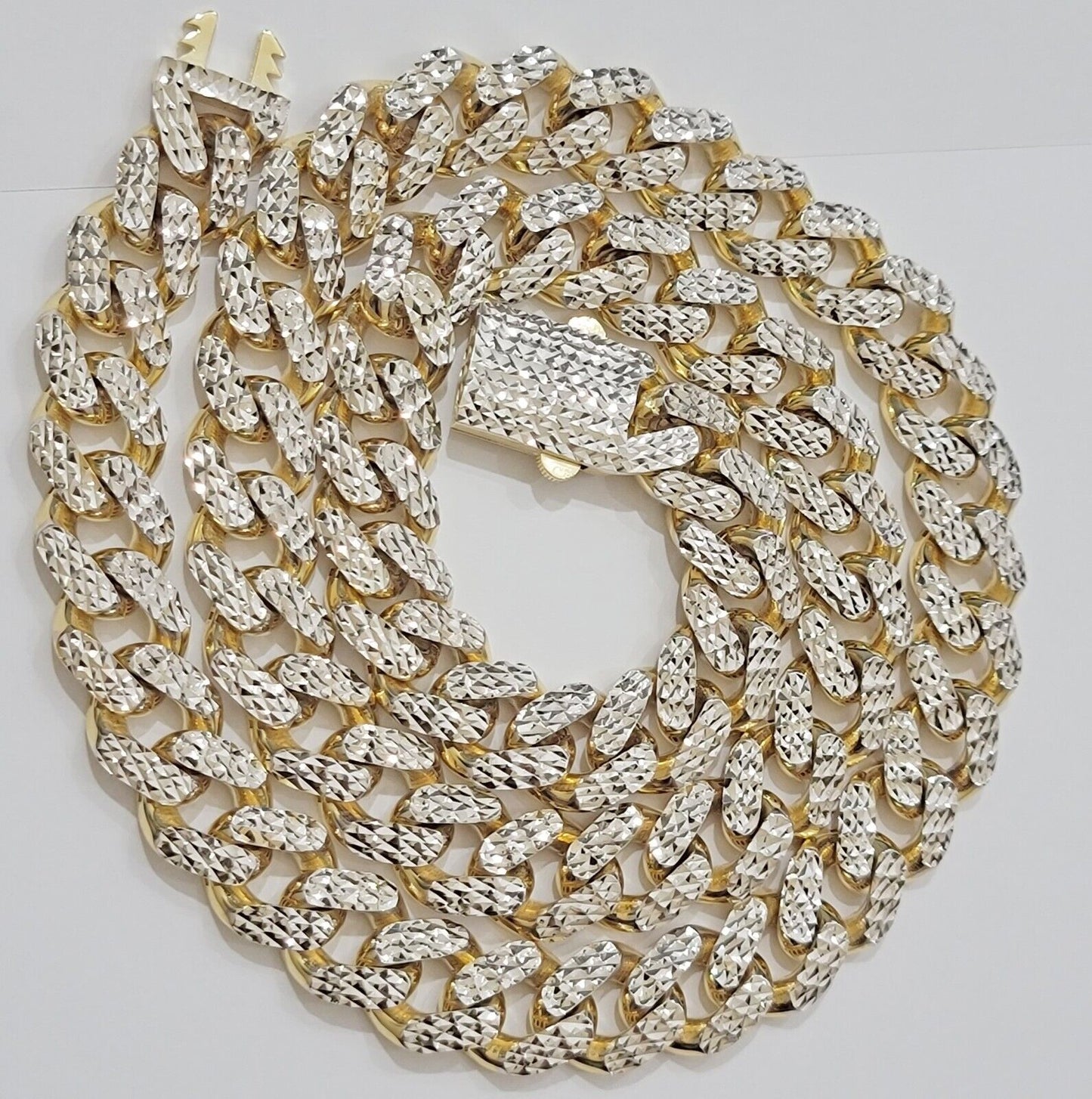 Real 10k Gold Chain Royal Miami Cuban Link Necklace 13mm 24" Rhodium Diamond Cut