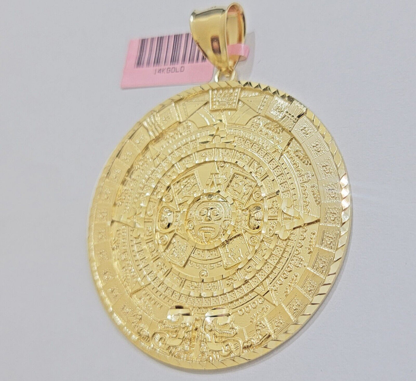 SOLID Real 14kt Yellow Gold Pendant Aztec Mayan Calendar 3.2" Men's Round Charm