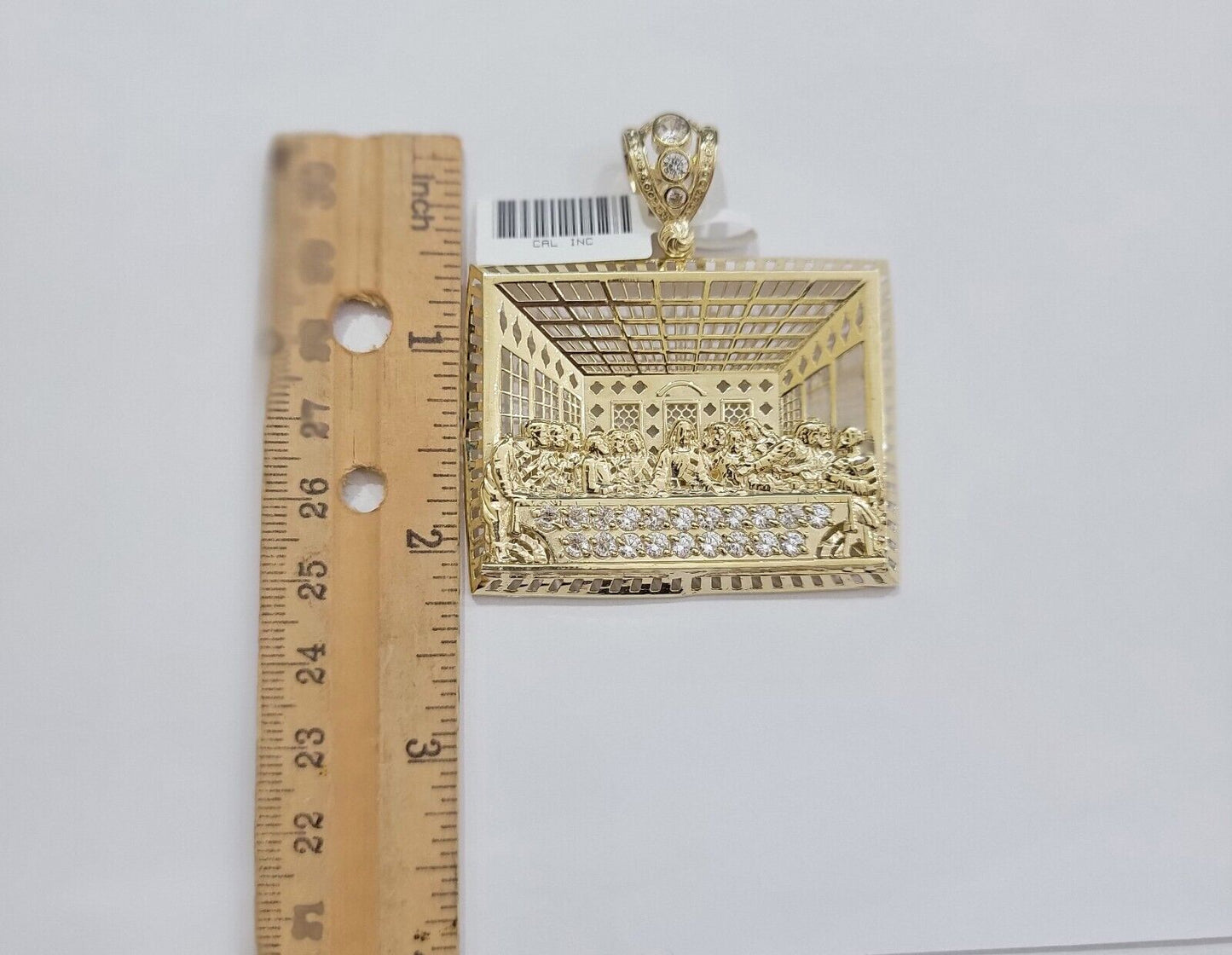 Real 10k Gold Pendant Charm Last Supper Square Jesus 10kt Yellow Gold With Stone