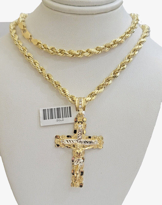 Real 10k Gold Chain Pendant set Rope Necklace Jesus Cross Charm 18" Choker 4mm