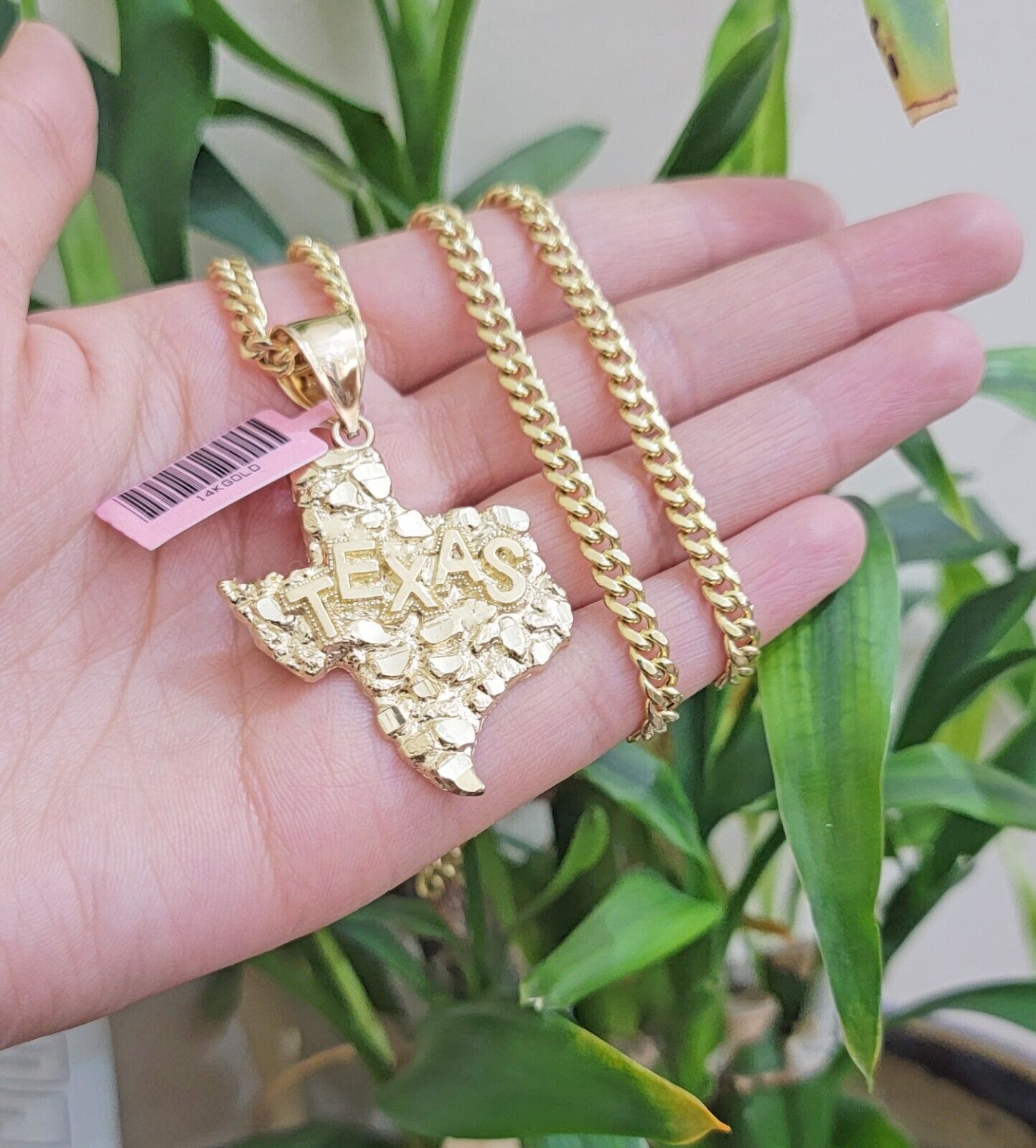 Real 14k Gold Charm Nugget Texas map pendant &14K Miami Cuban Chain Necklace Set