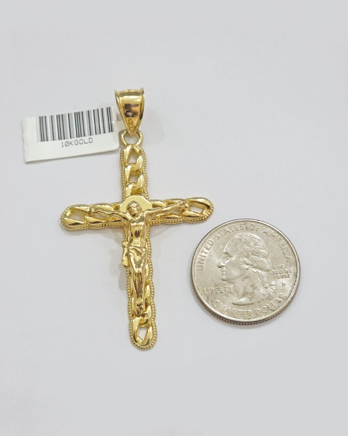 10K Yellow Gold Cross Pendant Mens Jesus Crucifix Charm 2.5 Inch For Thick Chain