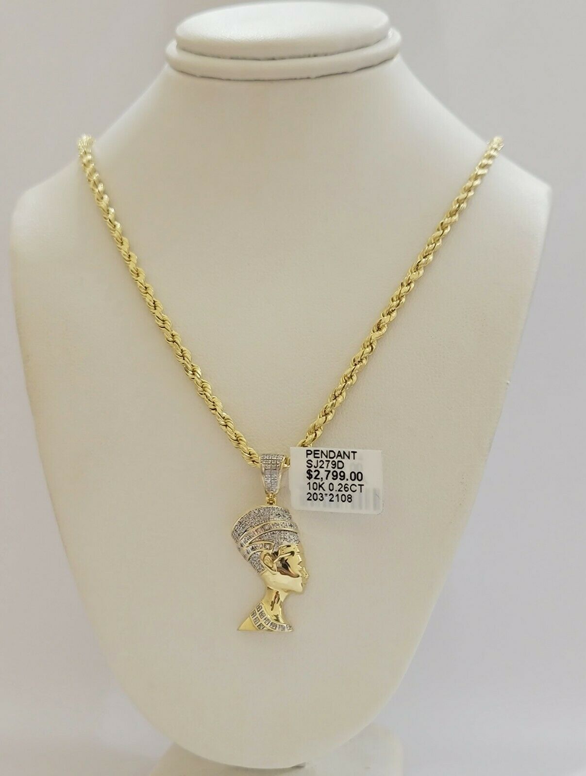 REAL 10k Gold Rope Chain Diamond Pendant Pharaoh Head SET 3mm Necklace 18" - 28"