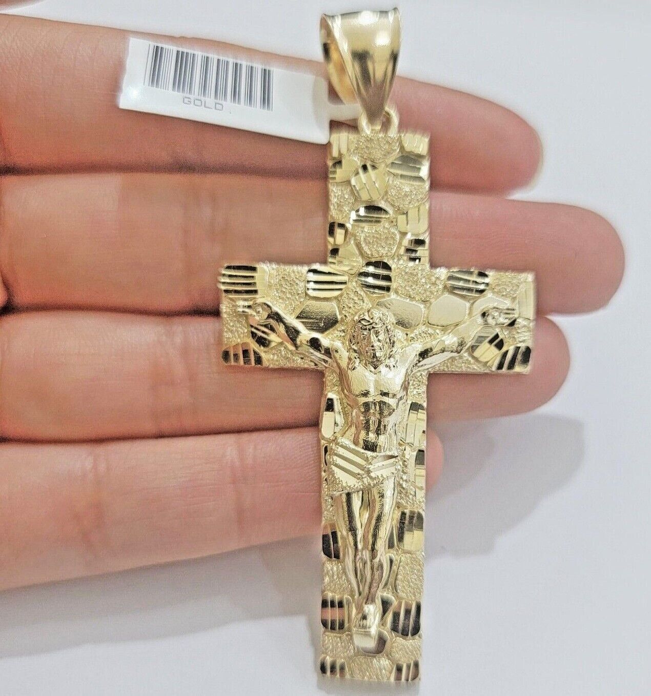 Real 10k Yellow Gold Cross Charm Pendant Nugget Jesus Crucifix 3" Inch 10KT Mens