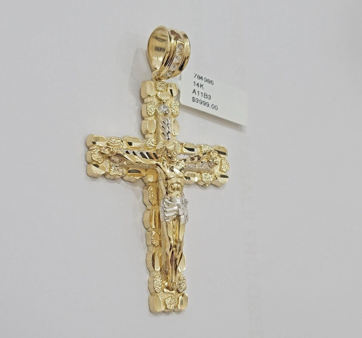 14k Yellow Gold Cross Nugget Pendant Jesus Crucifix 3 Inch 14kt Gold Men's REAL