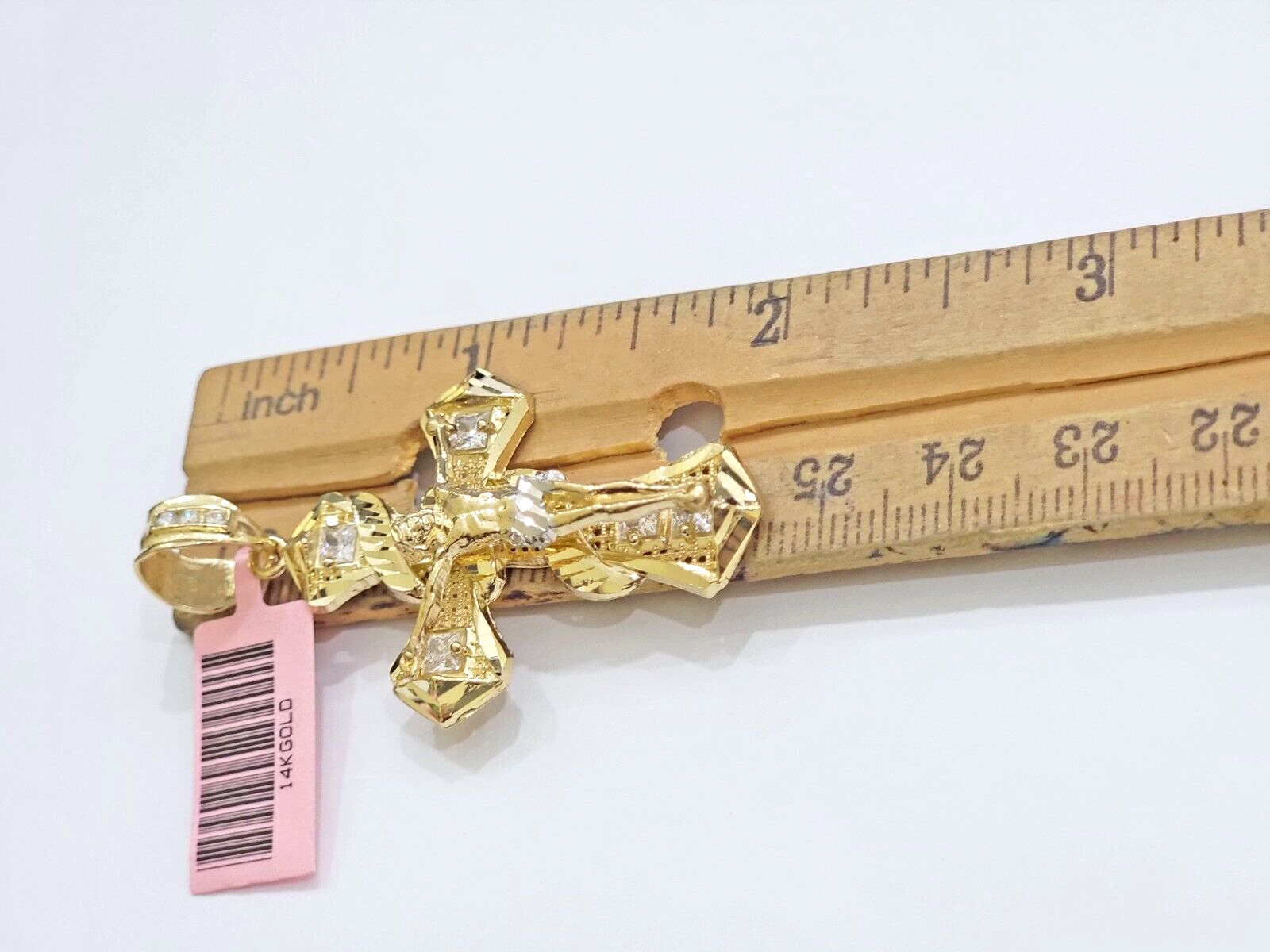 14k Yellow Gold Cross Charm Jesus Pendant 2 Inch CZ Crucifix For Chain 14kt SALE