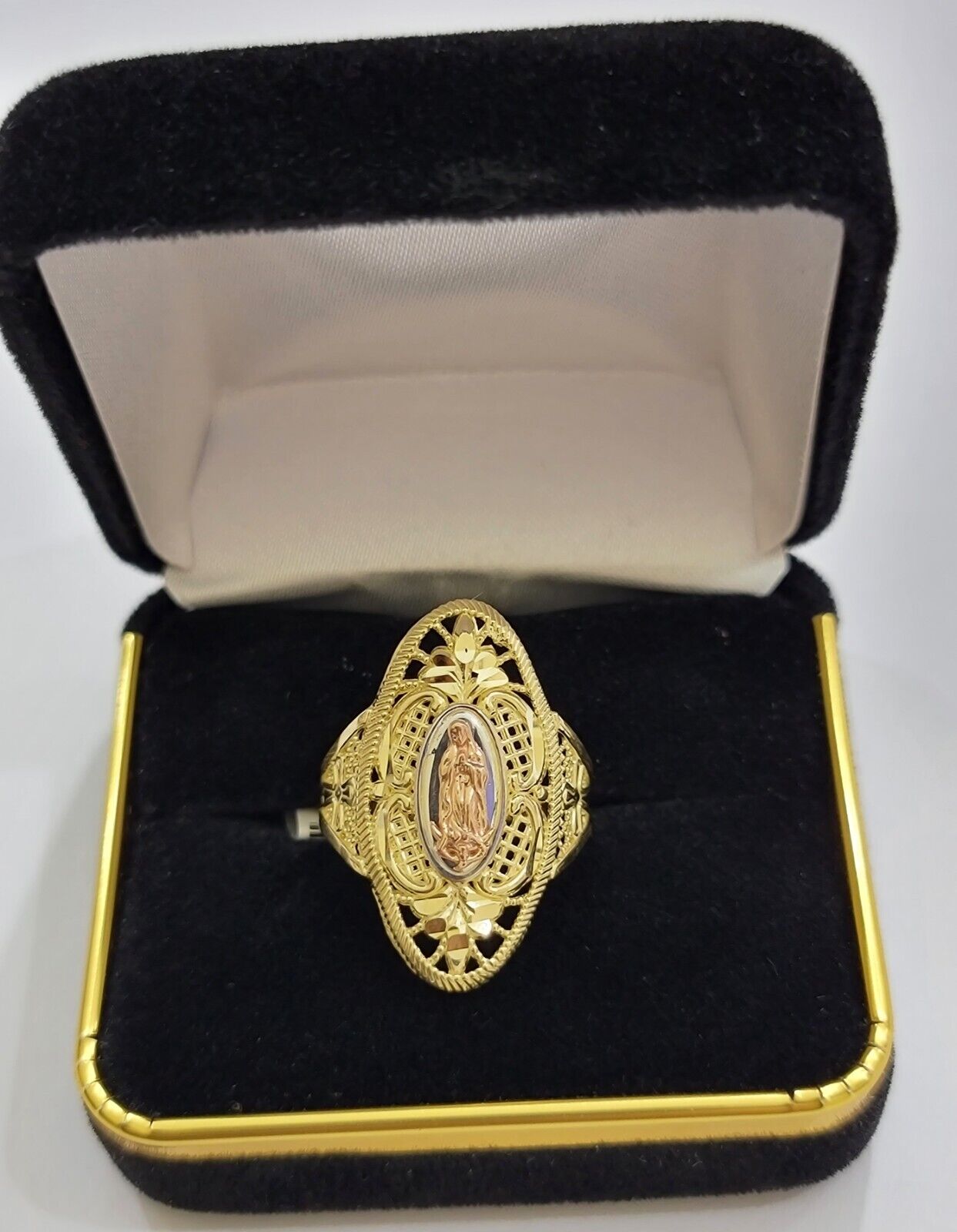Ladies Ring 10k Yellow Gold Virgin Mary Cross 10KT REAL Gold Unique Size 7 SALE