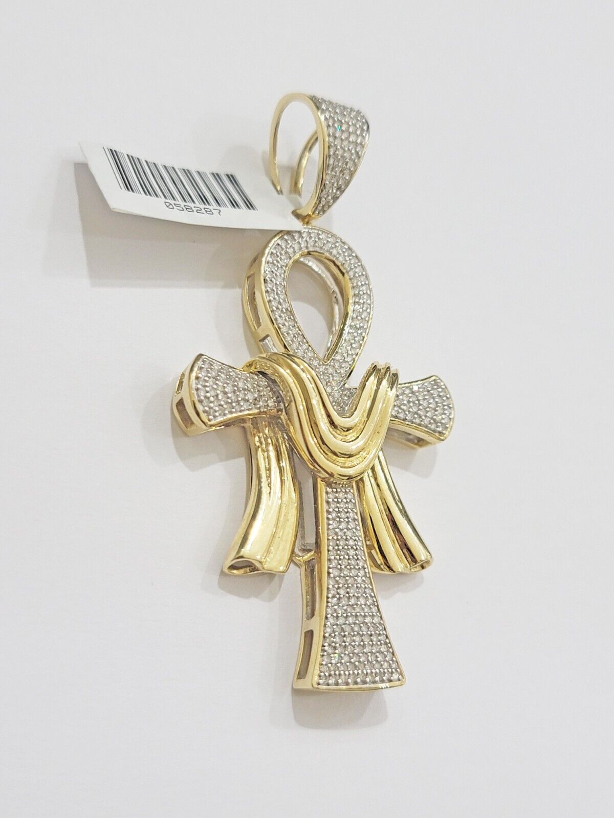 Real 10k Yellow Gold Diamond Ankh Cross Charm Pendant 0.80 CT Mens 2.5Inch