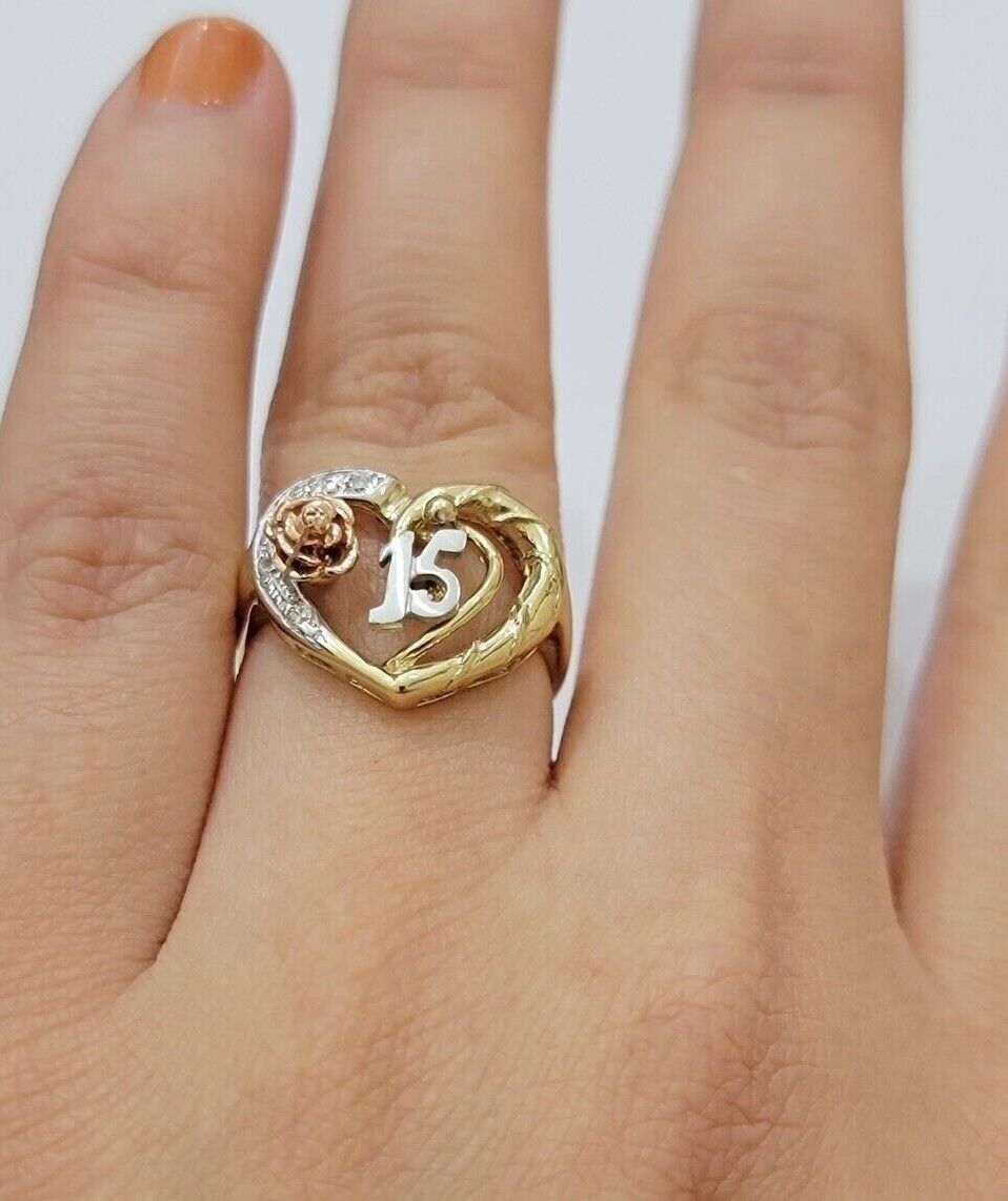 Ladies Ring 10k Gold Quinceanera 15 Anos Year Girls 10KT Yellow Hearts REAL SALE