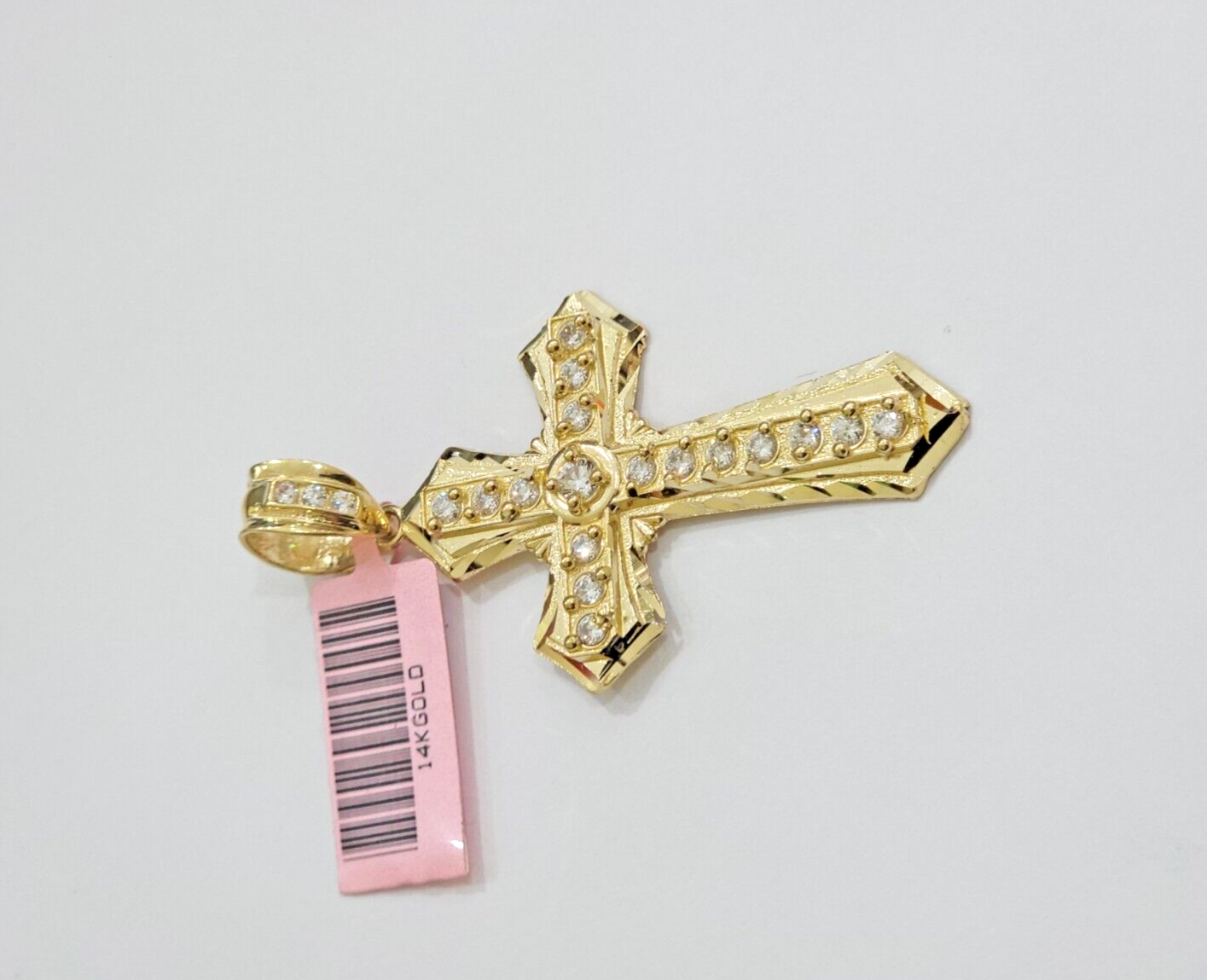 Real 14k Yellow Gold Cross Charm Pendant 2 Inch Diamond Cuts CZ Charm For Chains