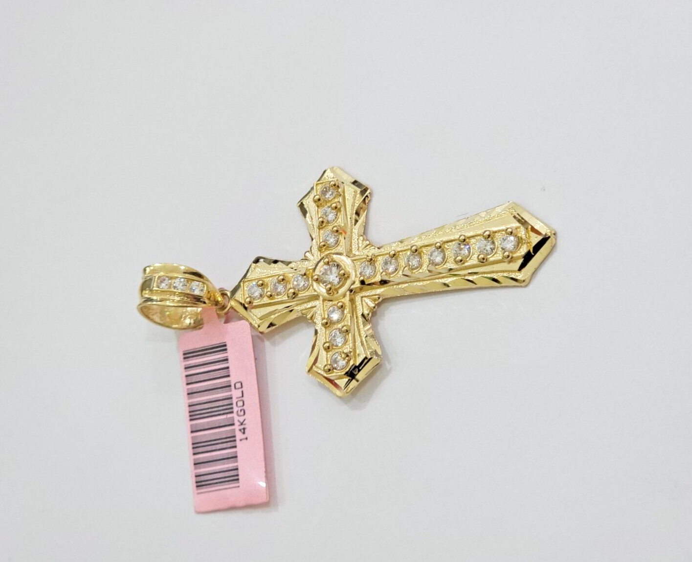 Real 14k Yellow Gold Cross Charm Pendant 2 Inch Diamond Cuts CZ Charm For Chains
