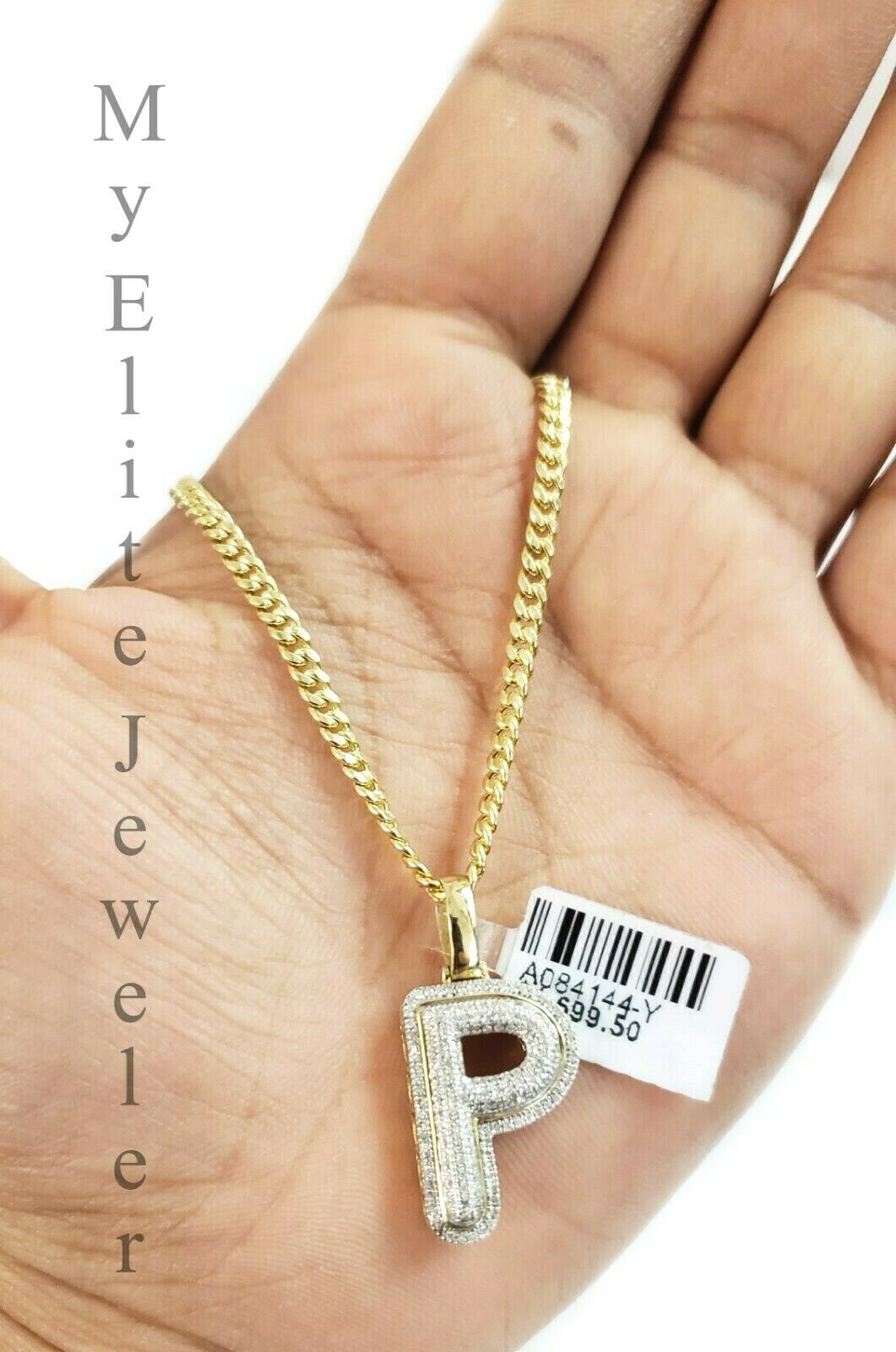 10k Yellow Gold Cuban Chain Diamond Initial P Charm Alphabet 0.29CT Diamond REAL