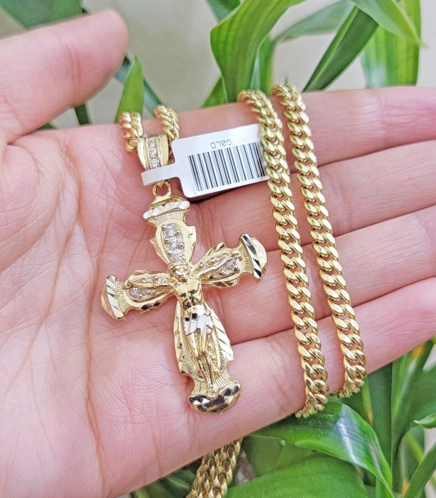 Real 10k Gold Chain & cross charm pendant SET Miami Cuban link necklace 5 mm 20"