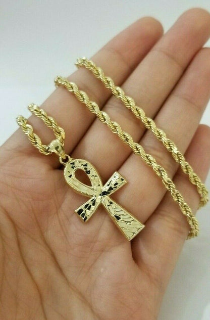 REAL 10k Yellow Gold Rope Chain Ankh Cross Charm Pendant 3mm Necklace Set 16-28"