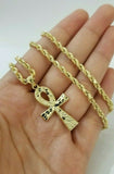 REAL 10k Yellow Gold Rope Chain Ankh Cross Charm Pendant 3mm Necklace Set 16-28"