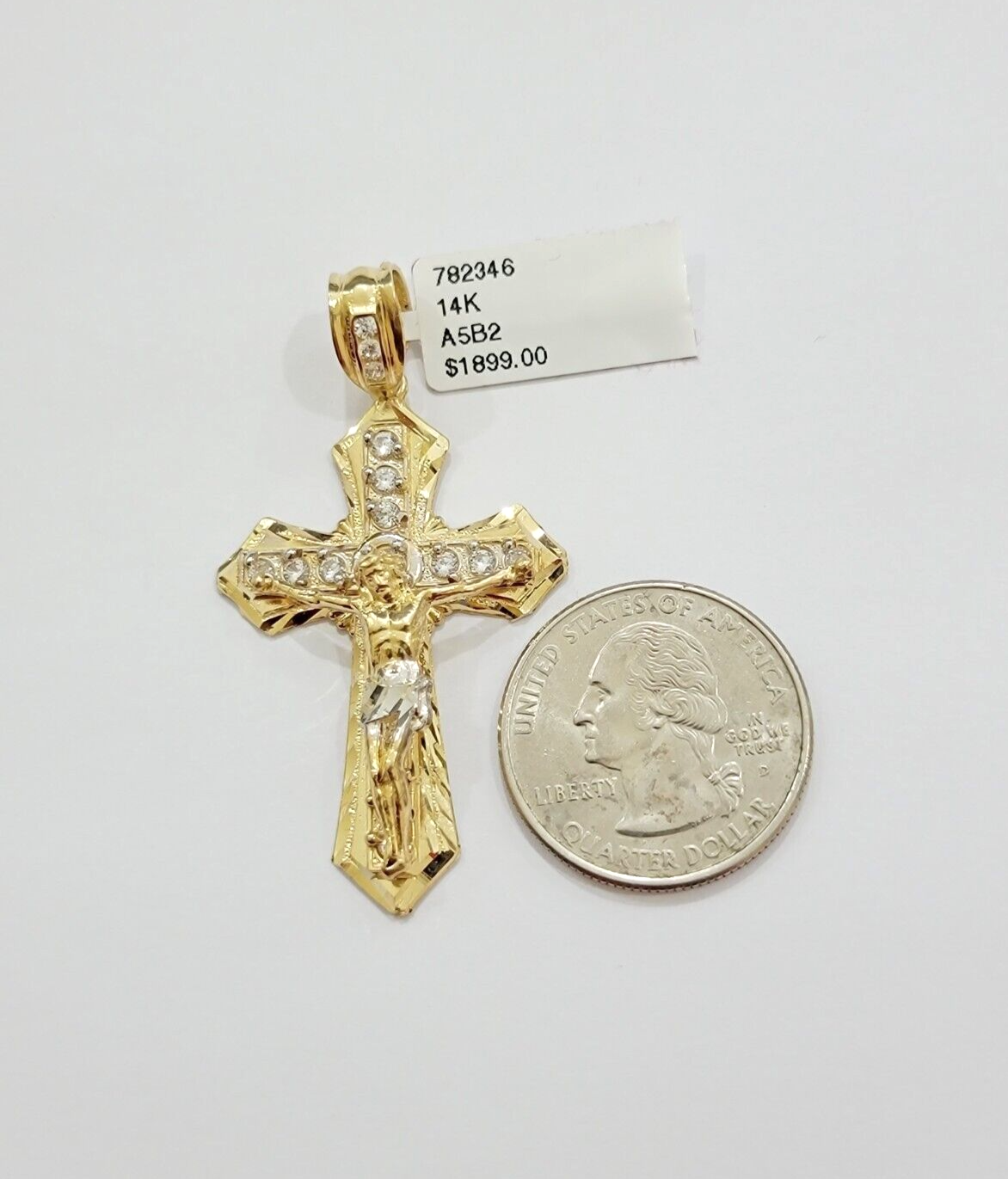 14k Yellow Gold Cross Jesus Crucifix Pendant 2 Inch 14kt CZ Charm Mens REAL 14kt
