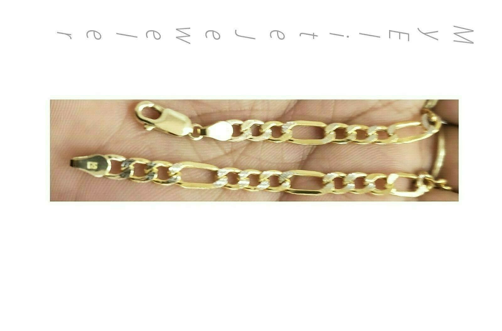Women's Men's Diamond Cut Figaro Link Bracelet 10K Yellow Gold 5mm 9 Inch Long