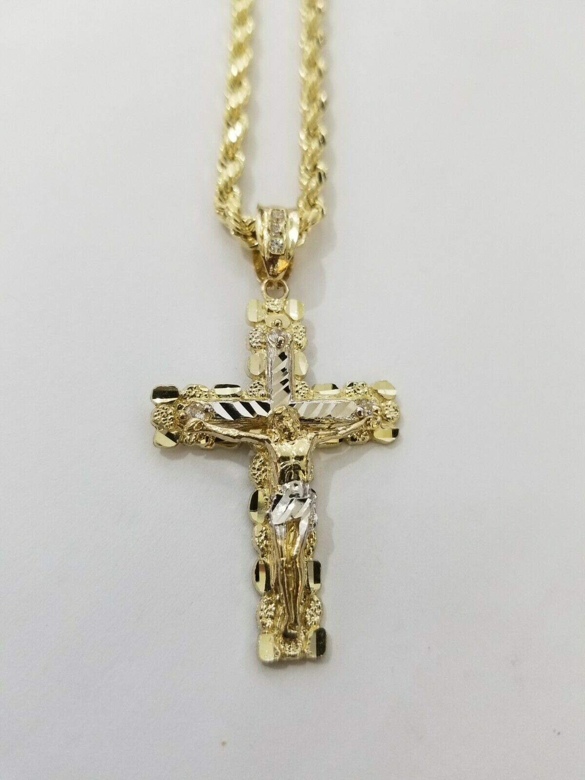 10k Yellow Gold Rope Chain With Cross Charm Pendant Set REAL 10KT 4mm Necklace