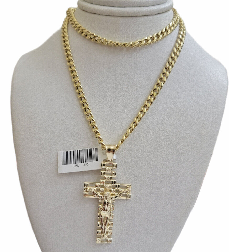 REAL 10k Yellow Gold Chain Cross Pendant Set Miami Cuban Link Necklace 5mm 18-28