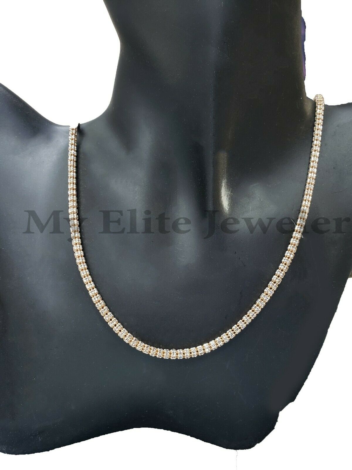 10k Yellow Gold Tennis Chain Necklace 24" 4mm Diamond Cuts Unique Design, Real Gold