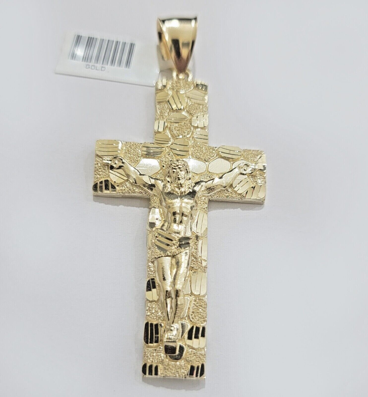 Real 10k Yellow Gold Cross Charm Pendant Nugget Jesus Crucifix 3" Inch 10KT Mens