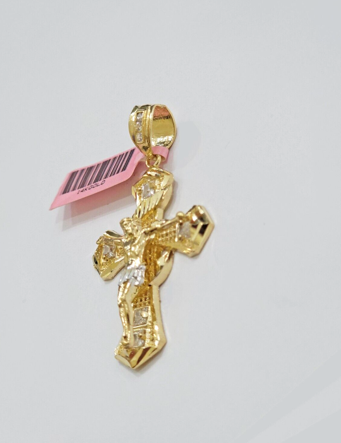 14k Yellow Gold Cross Charm Jesus Pendant 2 Inch CZ Crucifix For Chain 14kt SALE
