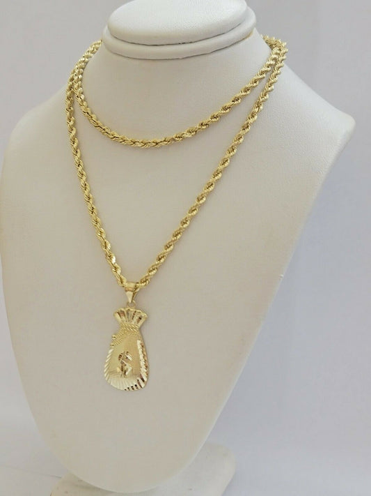 REAL 10k Gold Rope Chain Charm Pendant  SET 3mm Necklace 18-28" Money Dollar Bag