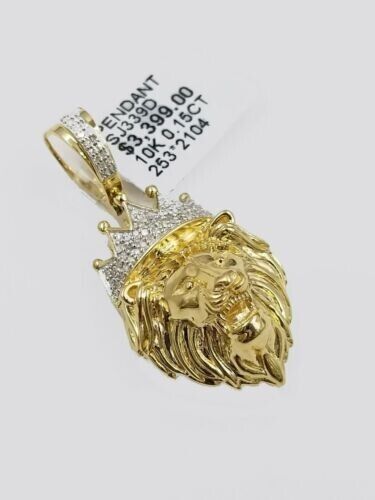 Diamond Lion Head charm Pendant with Genuine 0.15 CT Diamonds 10K Yellow Gold