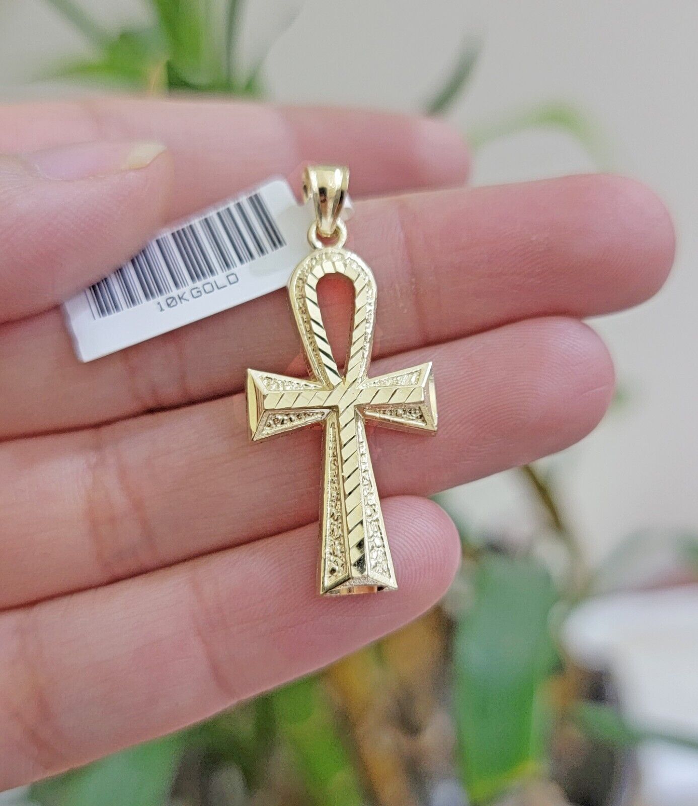 Real 10k Yellow Gold Ankh charm pendant 1.5" Diamond Cuts Cross Charm for Chain