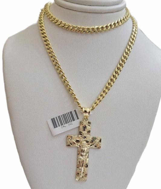 Real 10kt Gold Nugget Charm Pendant &Miami Cuban Link Chain Necklace 5mm 26" SET