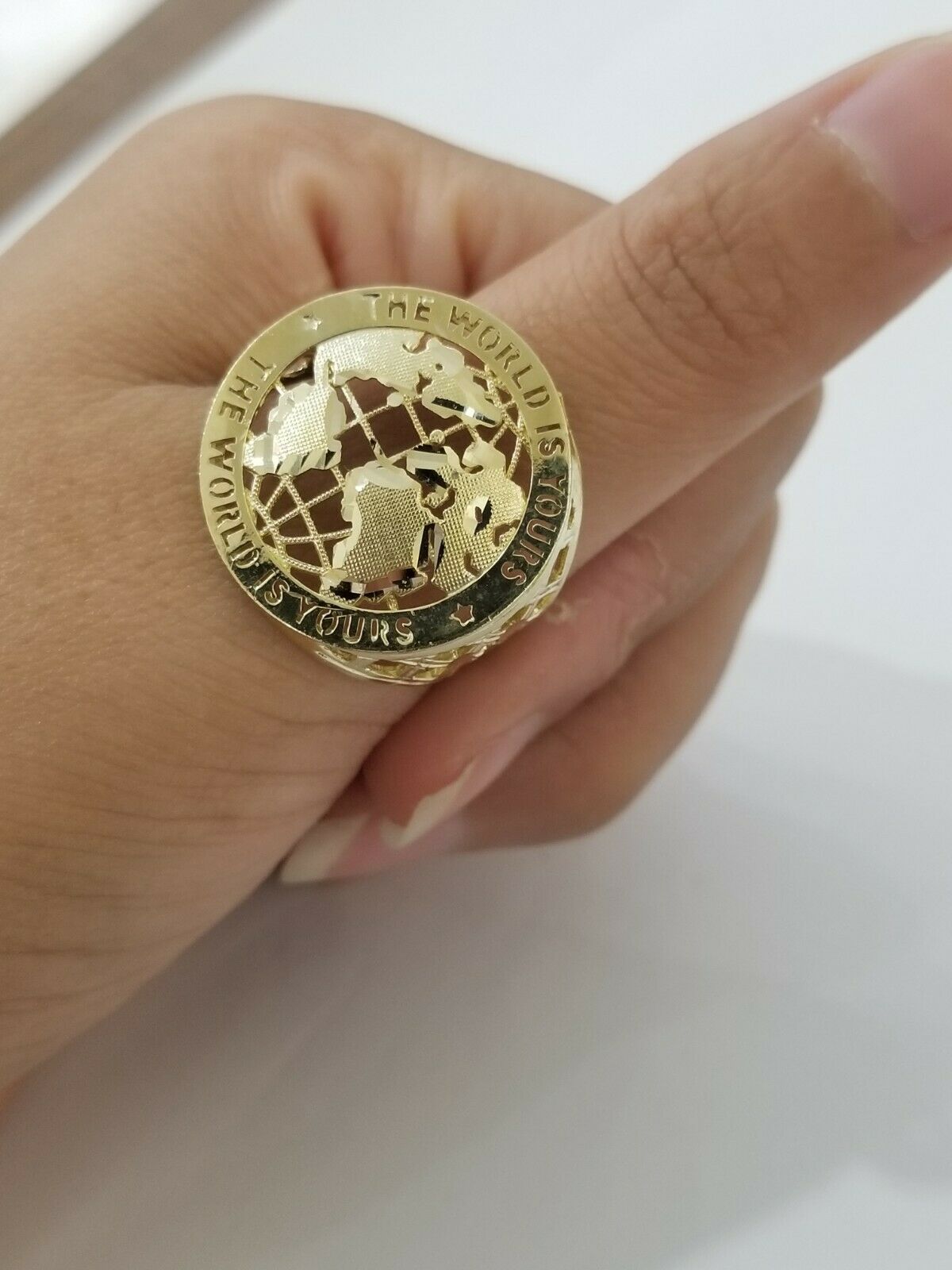 Real 10k Yellow Gold World Map Mens Ring The World Is Yours Engraved Ring Unique
