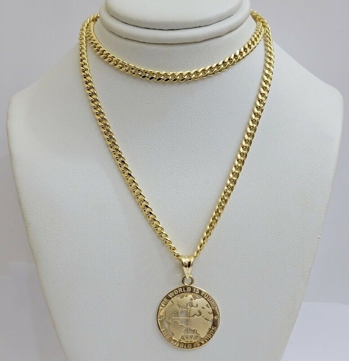 Real 10kt Gold Cuban Link Chain Pendant Set 22" 3.5mm Necklace World Map Charm