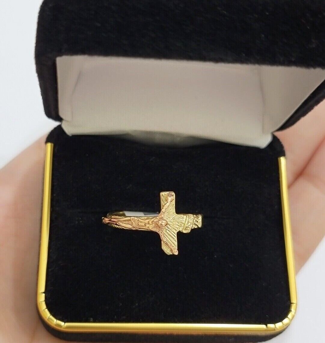 Ladies Ring 10k Yellow Rose Gold Jesus Cross REAL Crucifix Unique Band For SALE