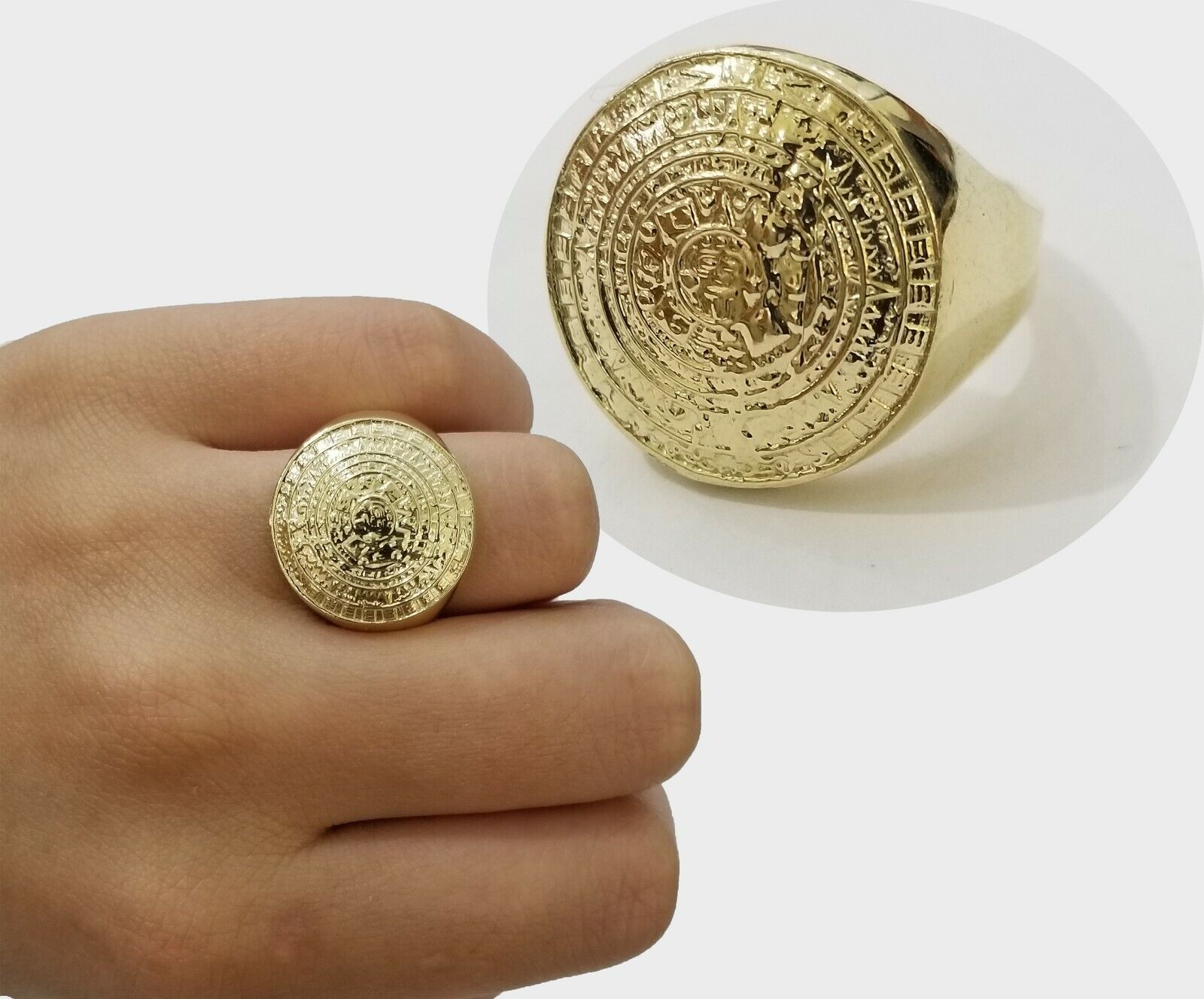 Mens Ring Solid 10k Yellow Gold Aztec Mayan Sun Calendar 10 KT  REAL Gold Unique