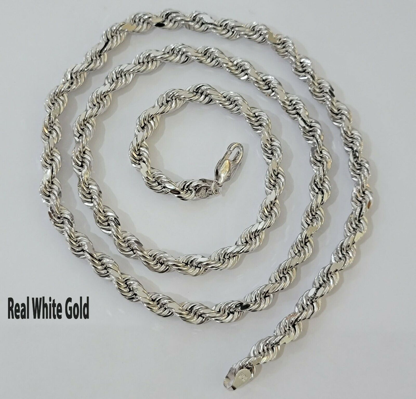 Real Gold 10k Rope Necklace Men's Chain 6mm 20" 22" 24" White Gold Diamond Cuts