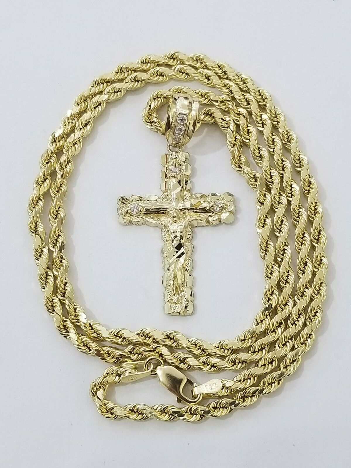 REAL 10k Rope Chain And Cross Charm Pendant 3mm Necklace Jesus Cross Set 16
