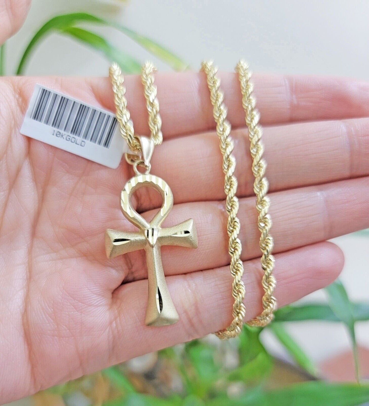 10k Gold Rope Chain Ankh Cross Charm Pendant Set 18"-28" inch 3mm Necklace, REAL