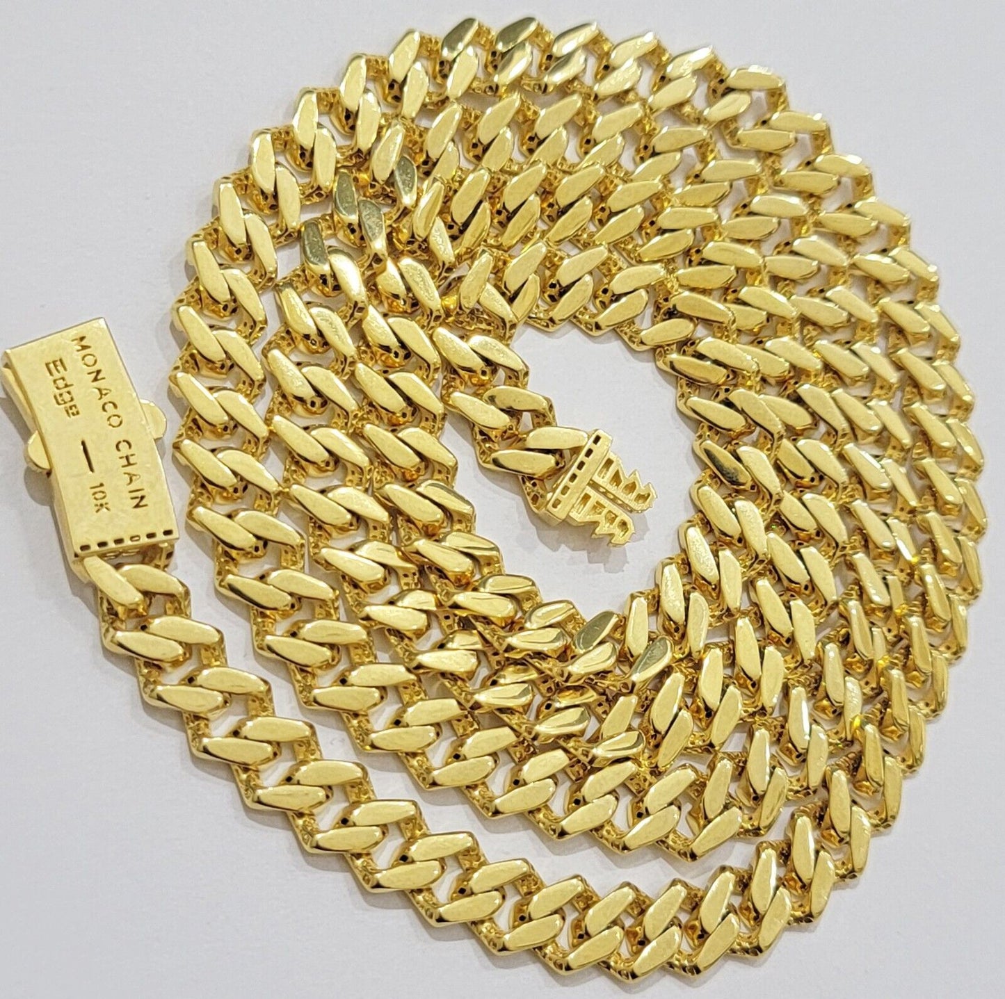 10k Gold chain Monaco Cuban Link necklace 7.5mm 18-24 Inch Box Lock Real 10 KT