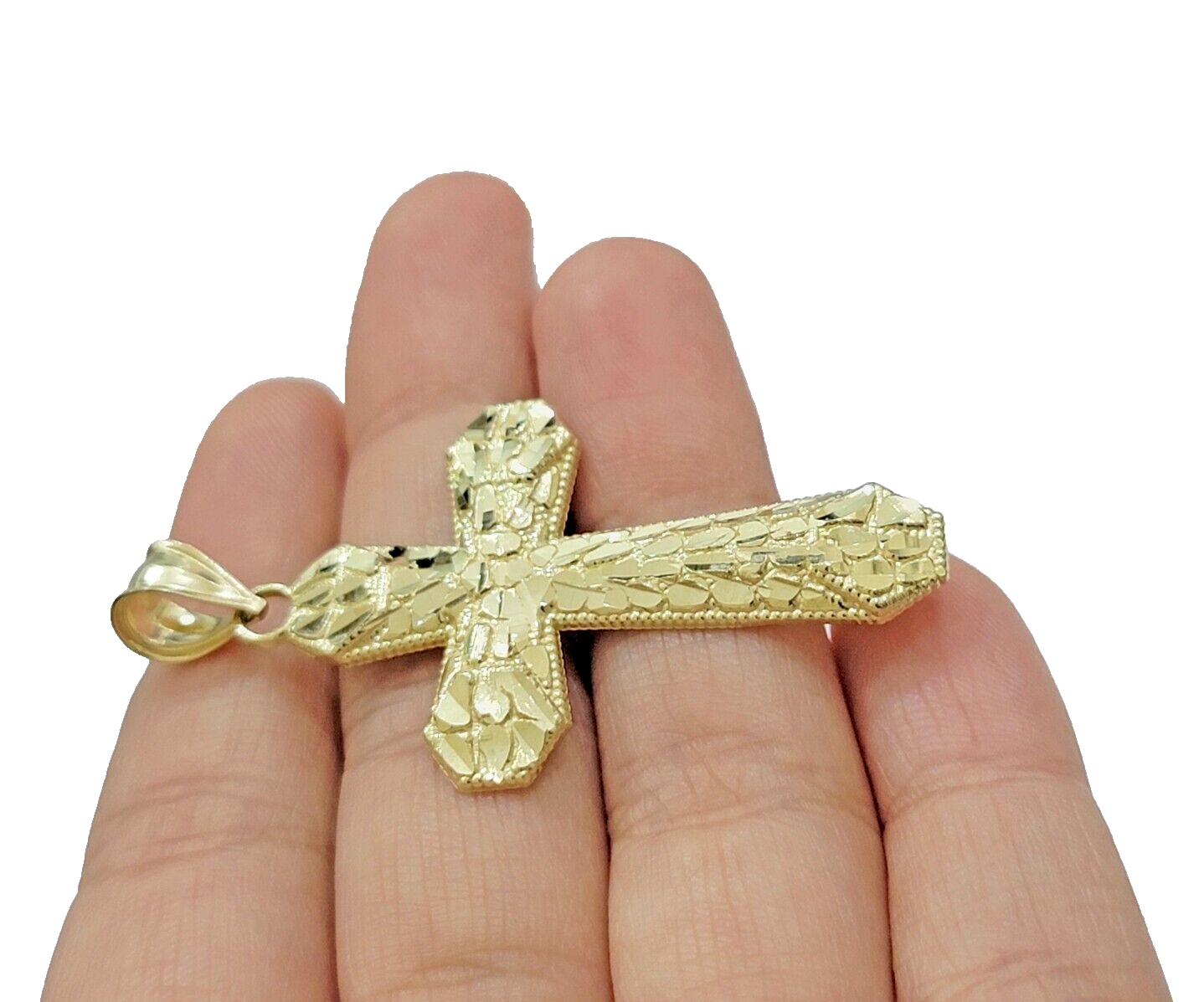 Real 10k Gold Cross Charm pendant Nugget Plain 2 Inch 10Kt Yellow Gold FOR SALE