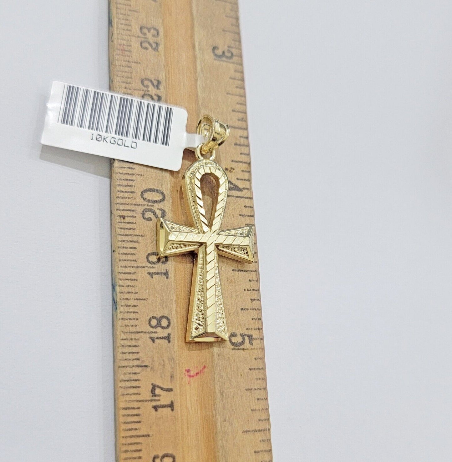 Real 10k Yellow Gold Ankh charm pendant 1.5" Diamond Cuts Cross Charm for Chain